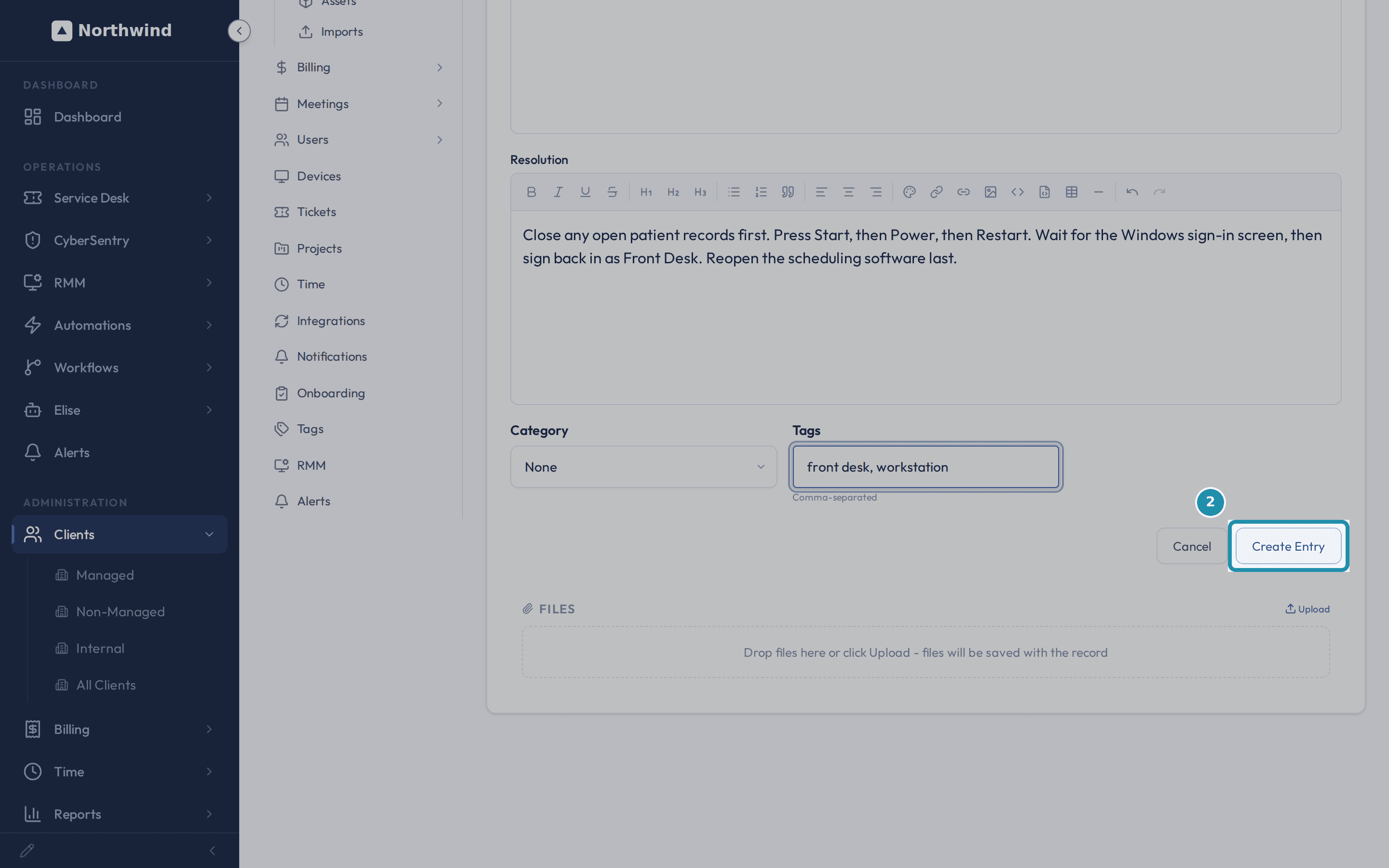 The Resolution box with the restart steps typed in, the Category list set to None, the Tags field reading front desk, workstation, and the Create Entry button.