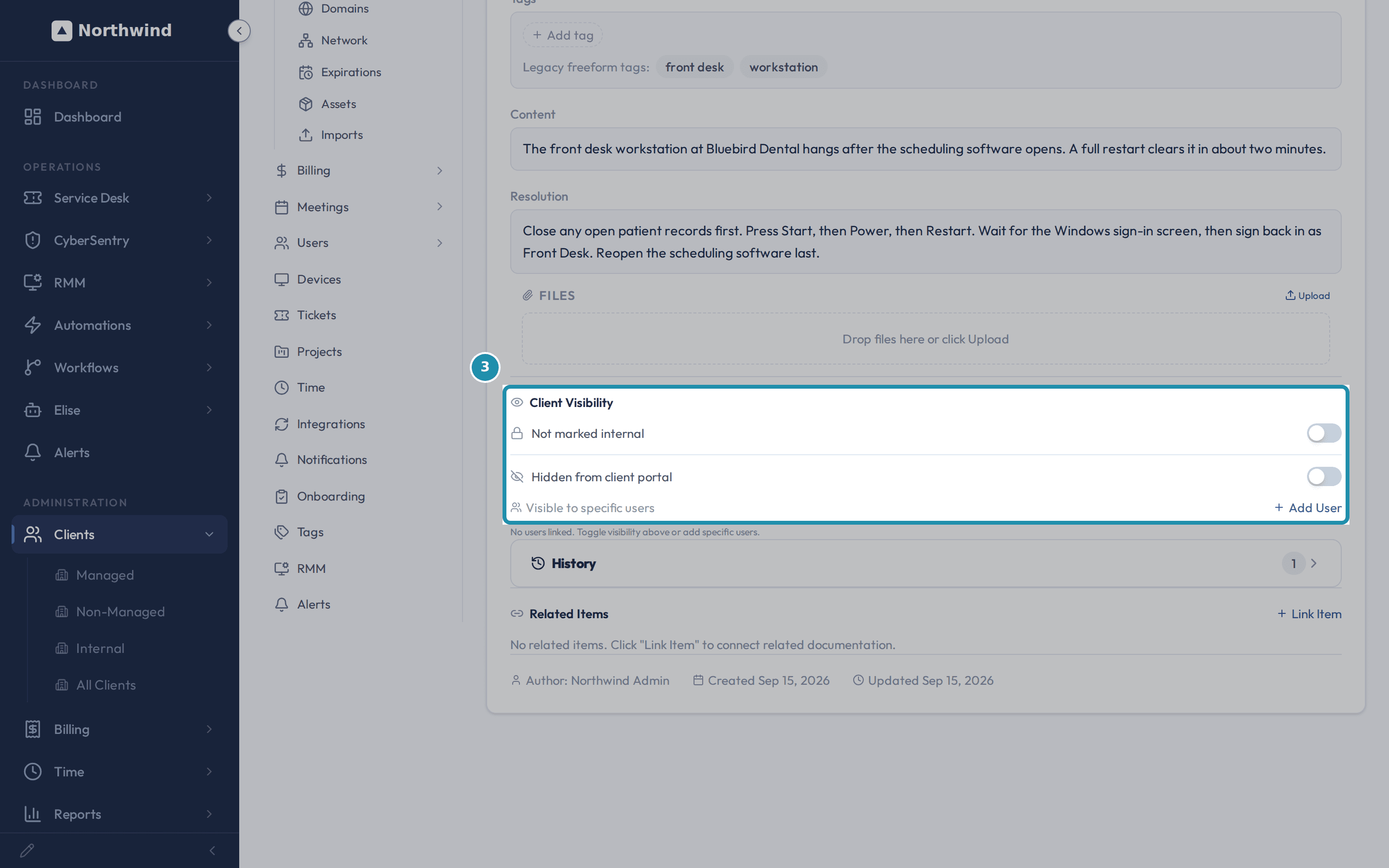 The Client Visibility panel on the saved article, with the Not marked internal switch off, the Hidden from client portal switch off, and Visible to specific users with an Add User button and no users linked.