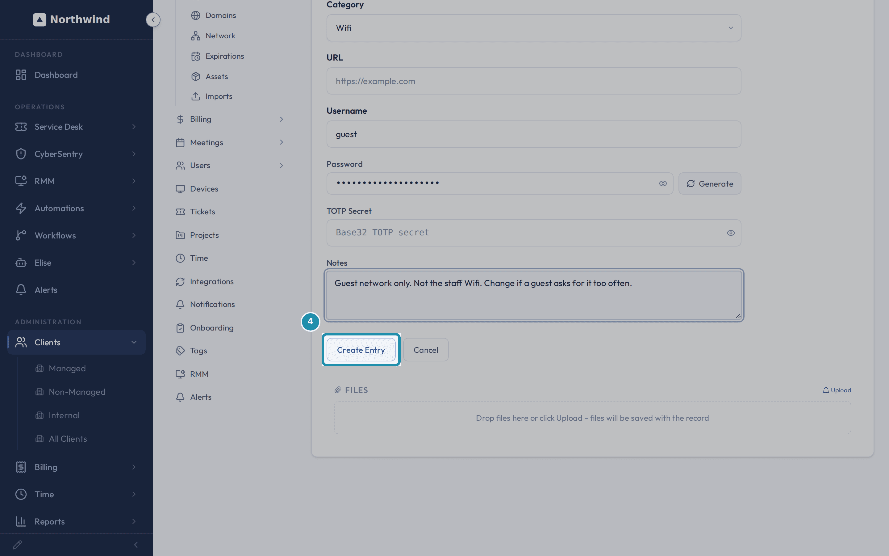 The New Vault Entry form with Category set to Wifi, Username guest, a masked password field and a note reading Guest network only, with the Create Entry button.