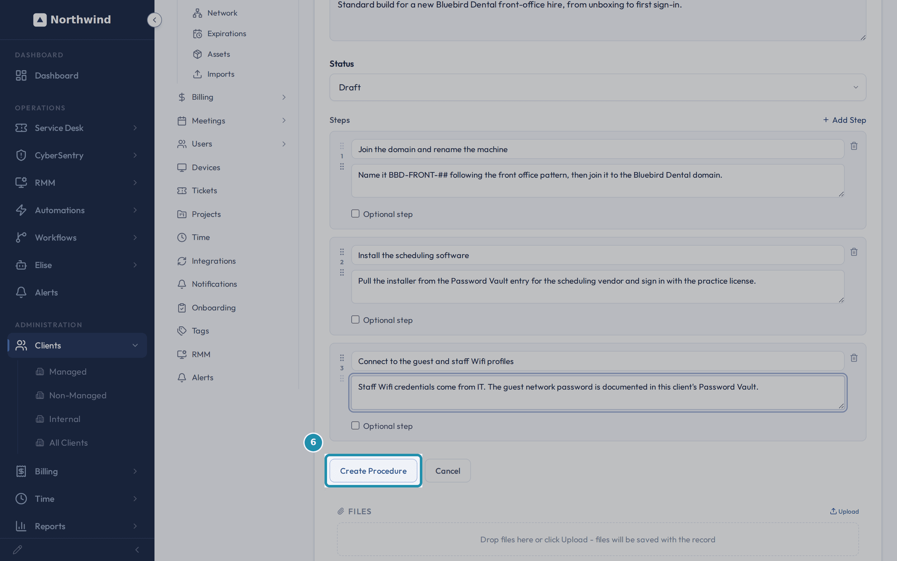 The New Procedure form with Status set to Draft and three ordered steps, each with its own title and detail text, and the Create Procedure button.