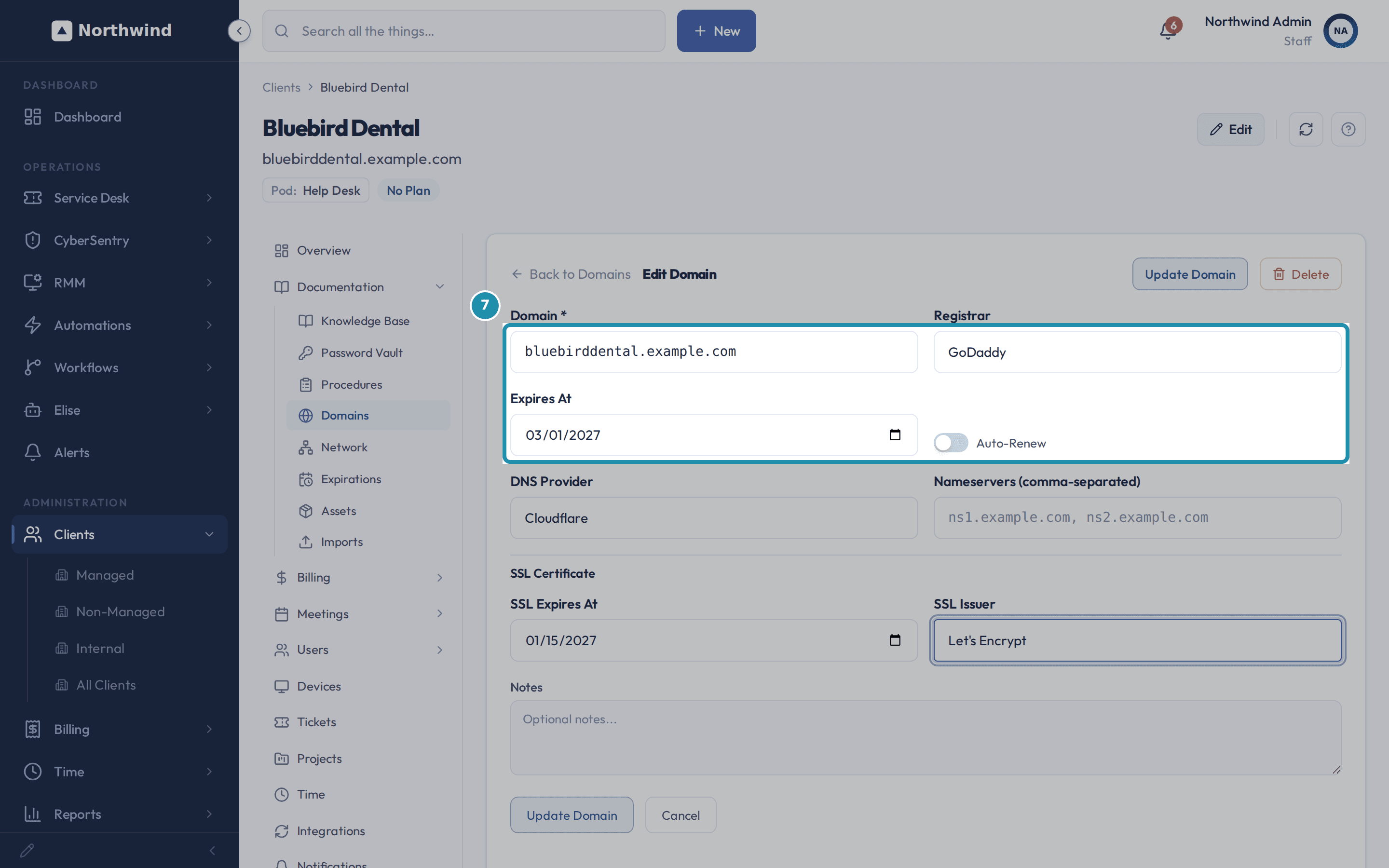 The Edit Domain form for bluebirddental.example.com with Registrar GoDaddy, Expires At 03/01/2027, Auto-Renew off, DNS Provider Cloudflare, SSL Expires At 01/15/2027 and SSL Issuer Let's Encrypt.