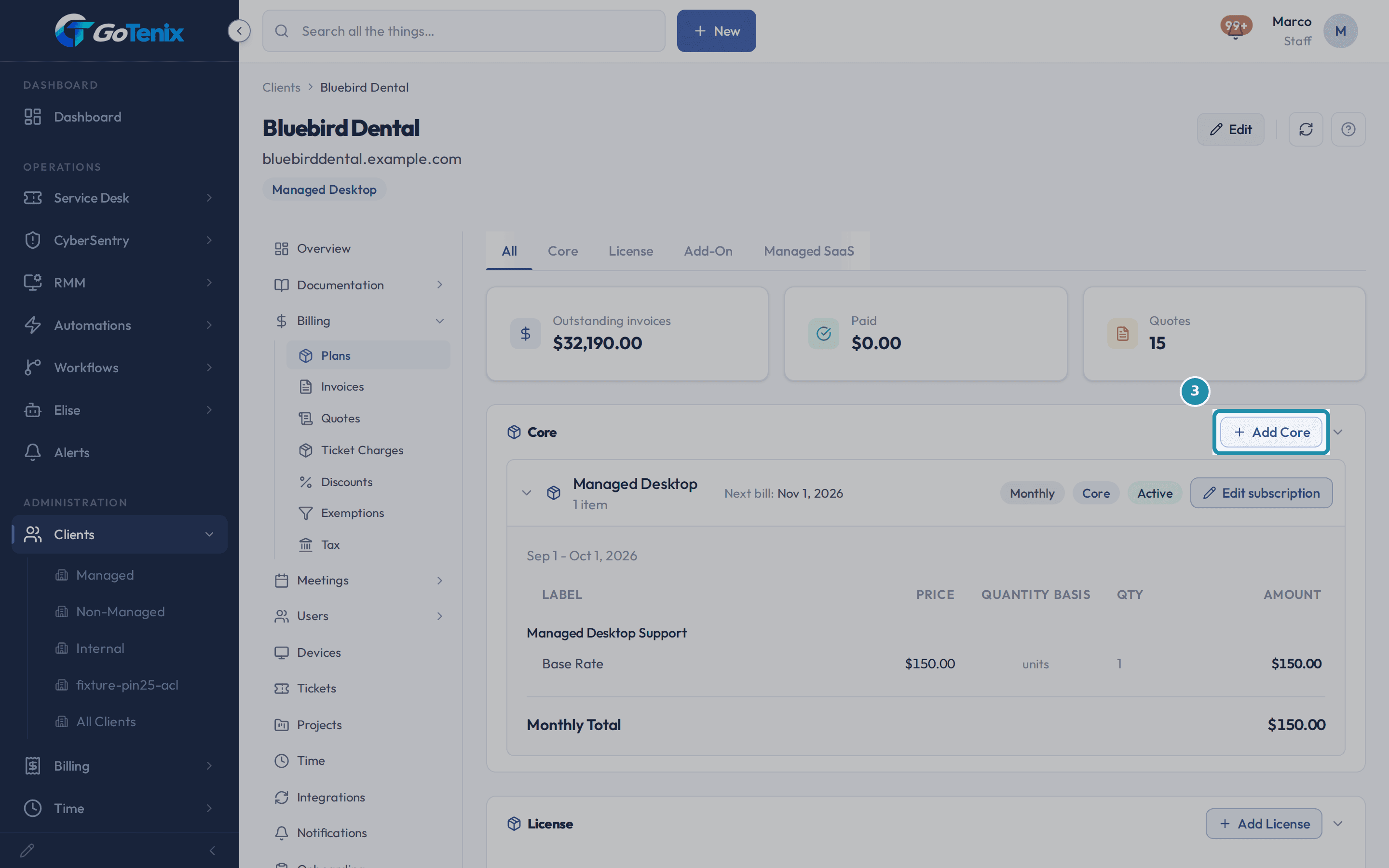 A client record on the Billing tab with the Add Core button boxed in the Core section.