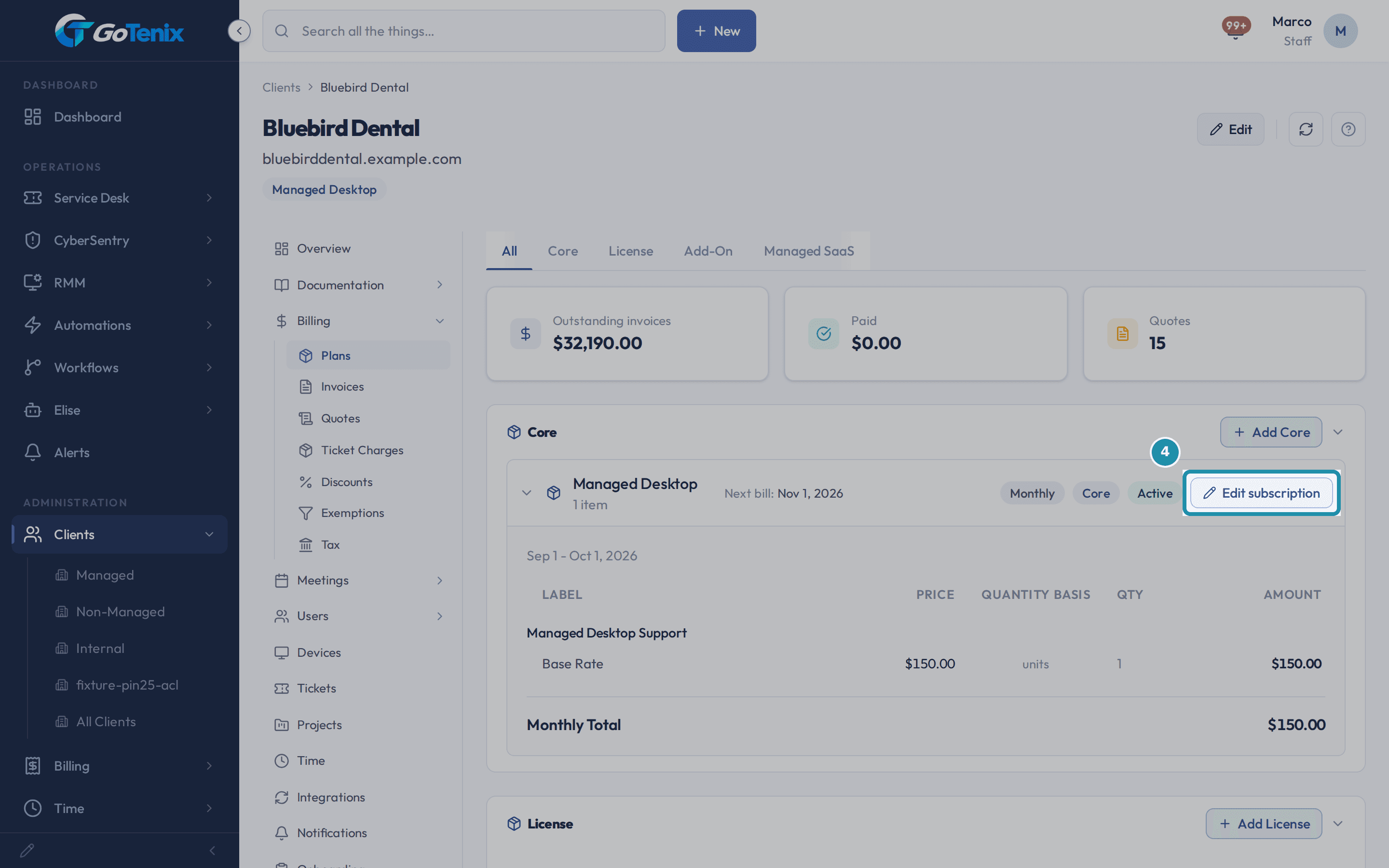 A client record on the Billing tab with the Edit subscription button boxed on the Core subscription.