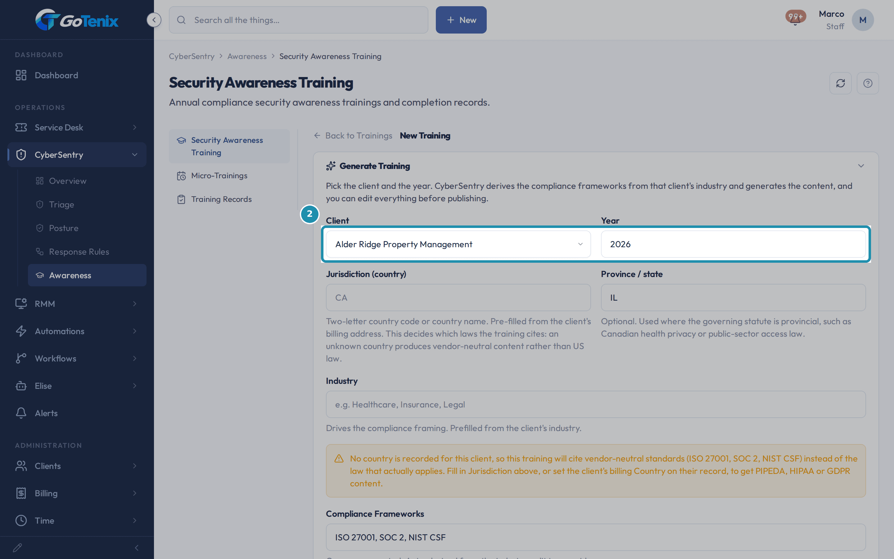 The New Training form with the Client choice and the Year field boxed.