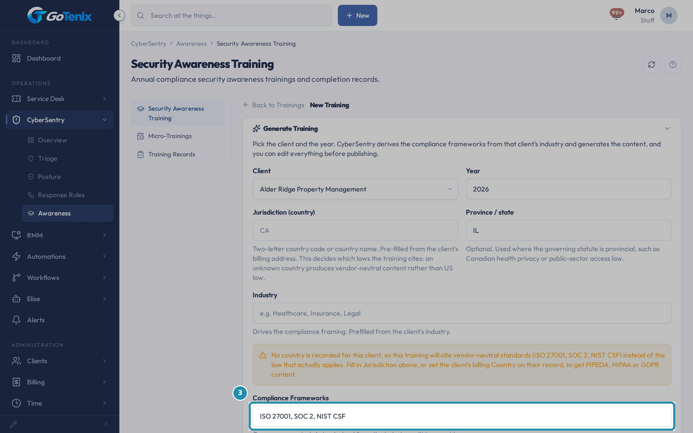 The New Training form with the Compliance Frameworks field boxed, showing the frameworks the training will cite, ISO 27001, SOC 2 and NIST CSF.