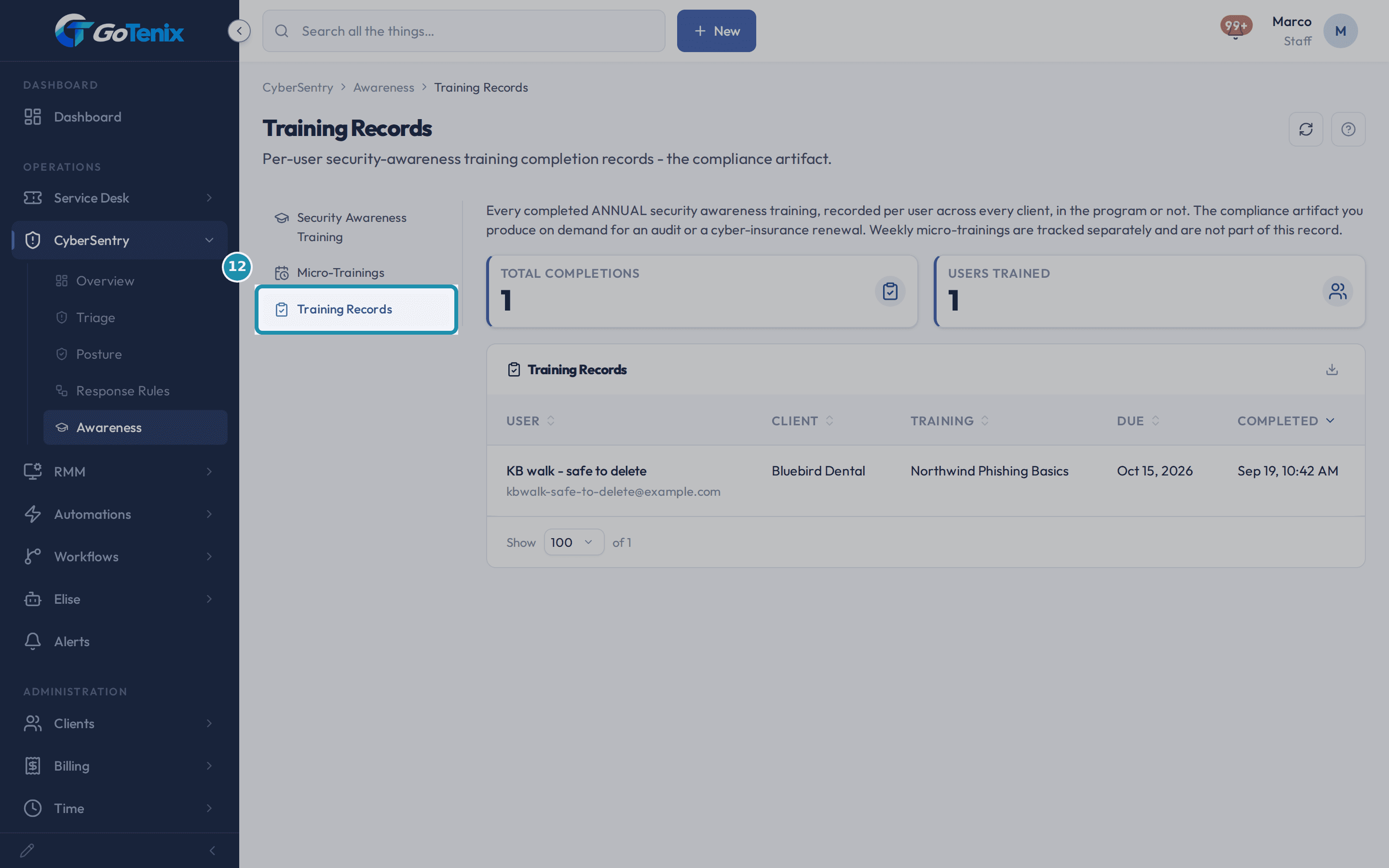 The Training Records page with the Training Records item boxed in the Awareness menu, above the table of completions with their due and completed dates.