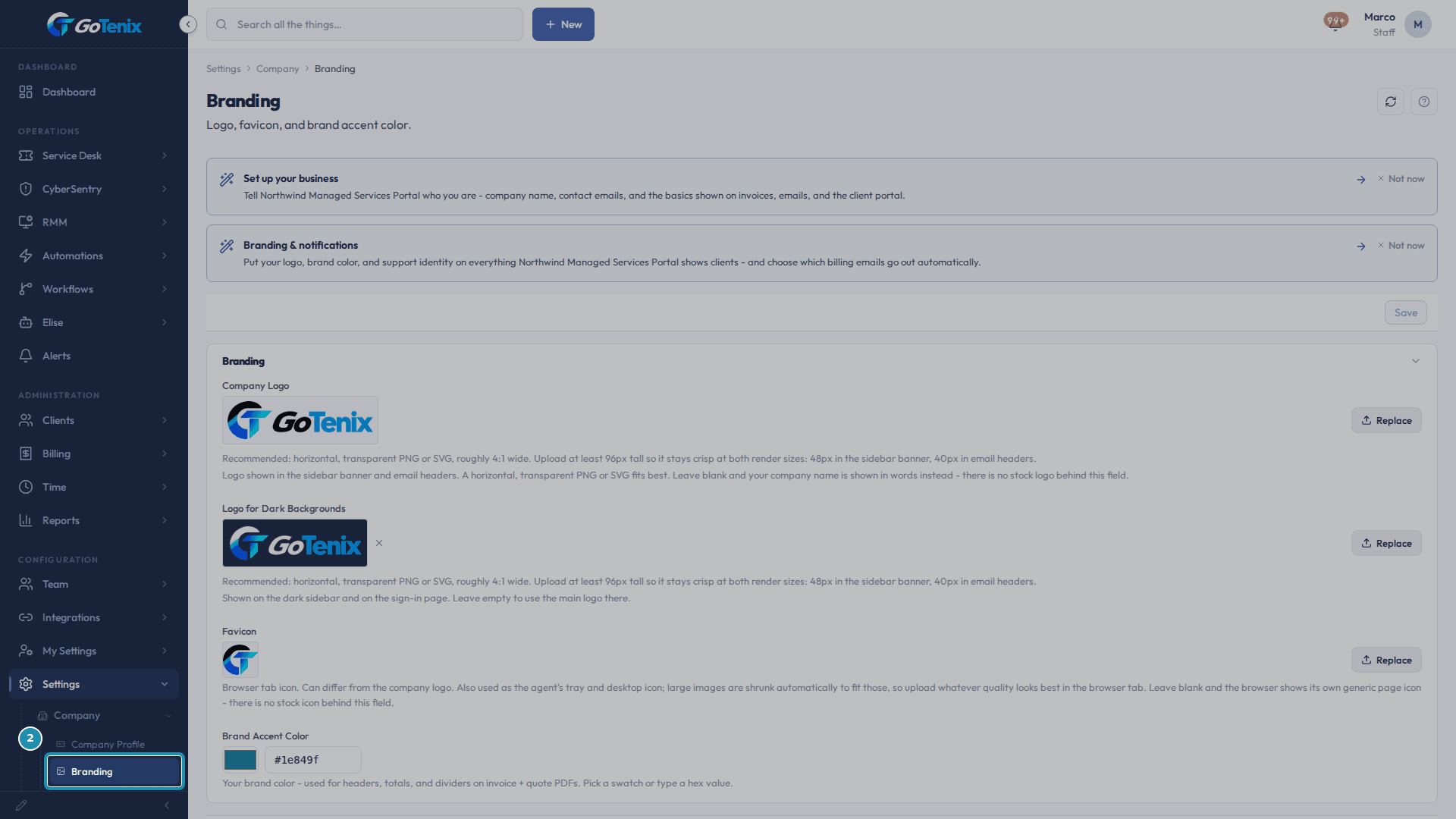 The Branding settings page, with the Branding item outlined in the Settings > Company menu, the two guided-setup cards at the top and the Company Logo and Logo for Dark Backgrounds fields below them.