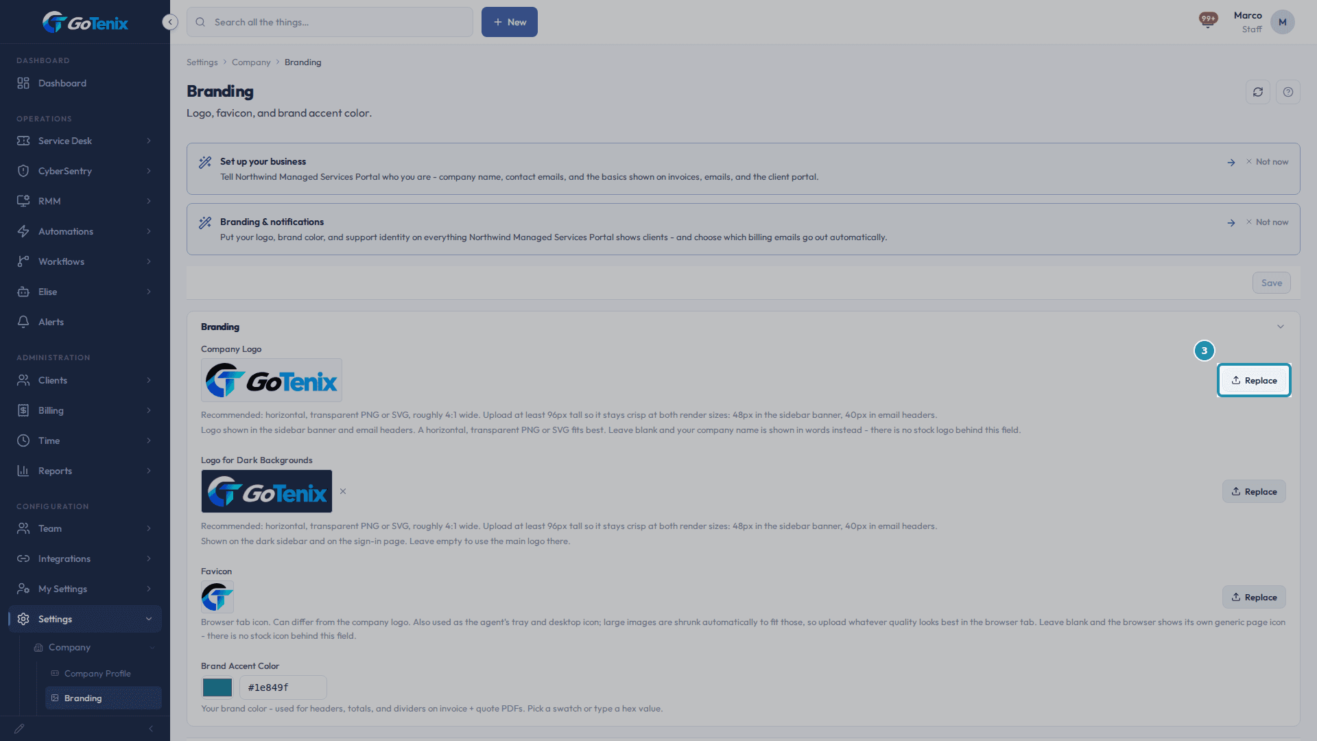 The Company Logo field with its preview, its Replace button and the sizing hint printed under it.