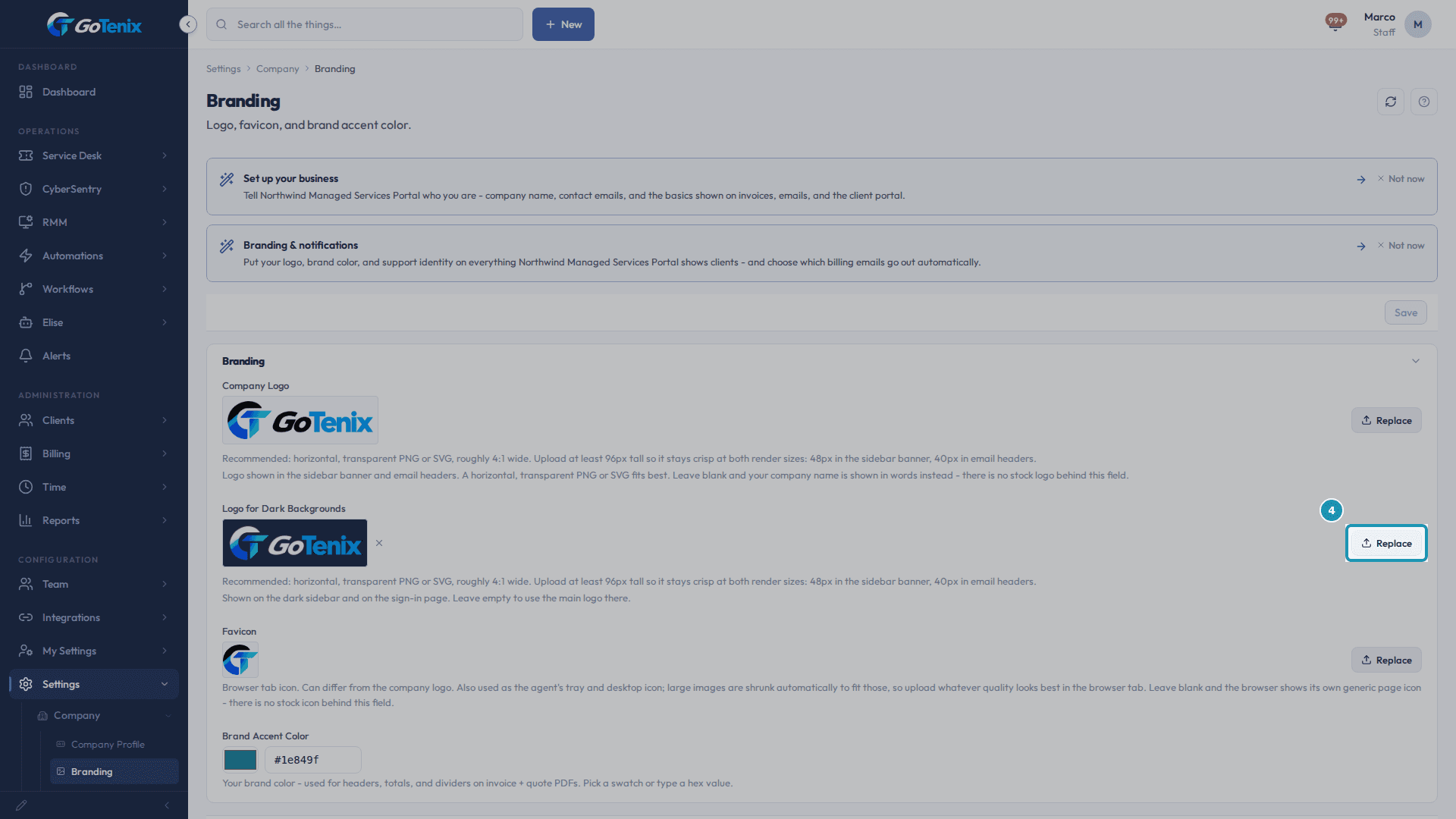 The Logo for Dark Backgrounds field, showing its preview on a dark swatch and the hint "Shown on the dark sidebar and on the sign-in page."