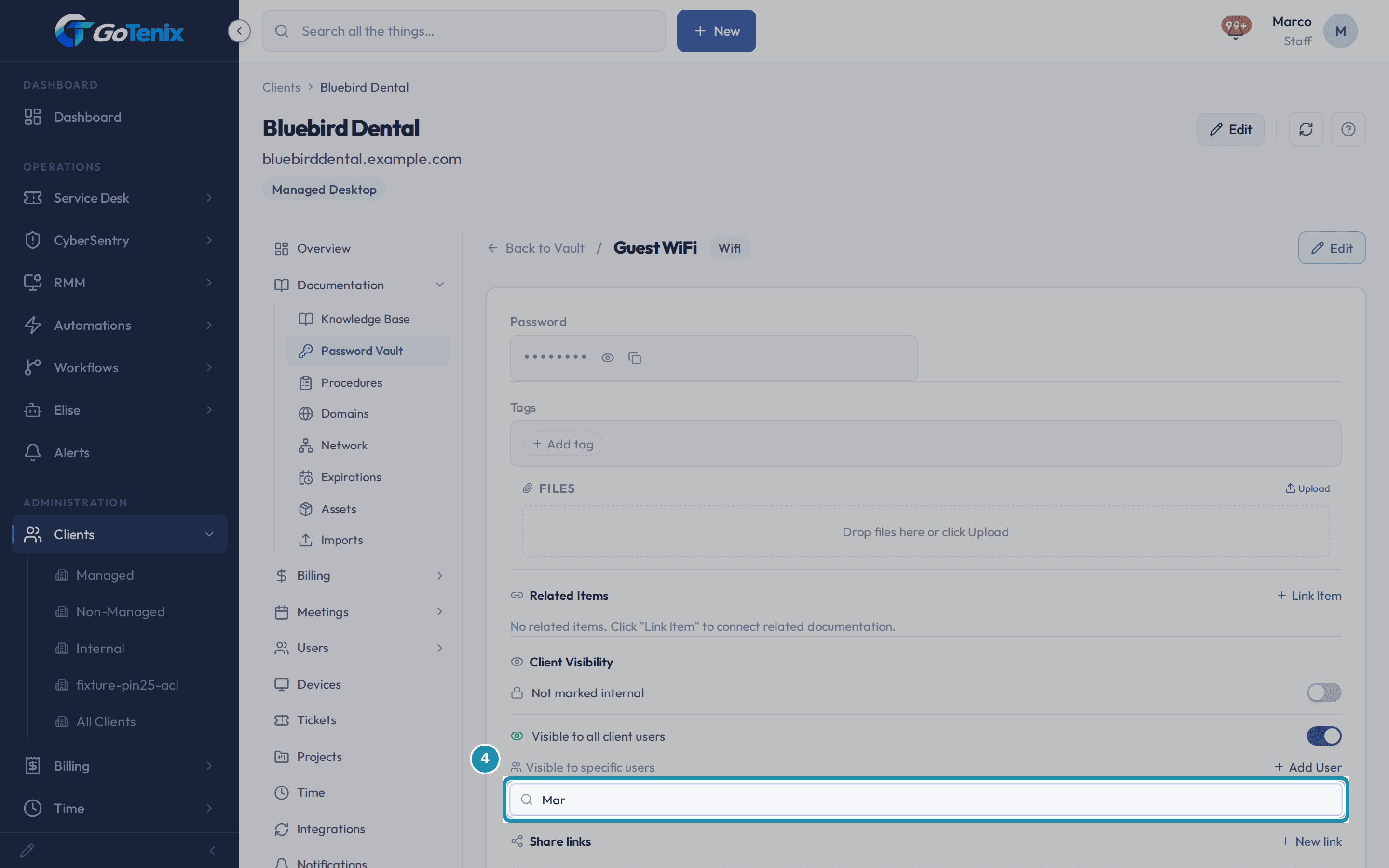 A vault entry named Guest WiFi open on the client Bluebird Dental, with the Add User search box under Visible to specific users boxed and Mar typed in it.