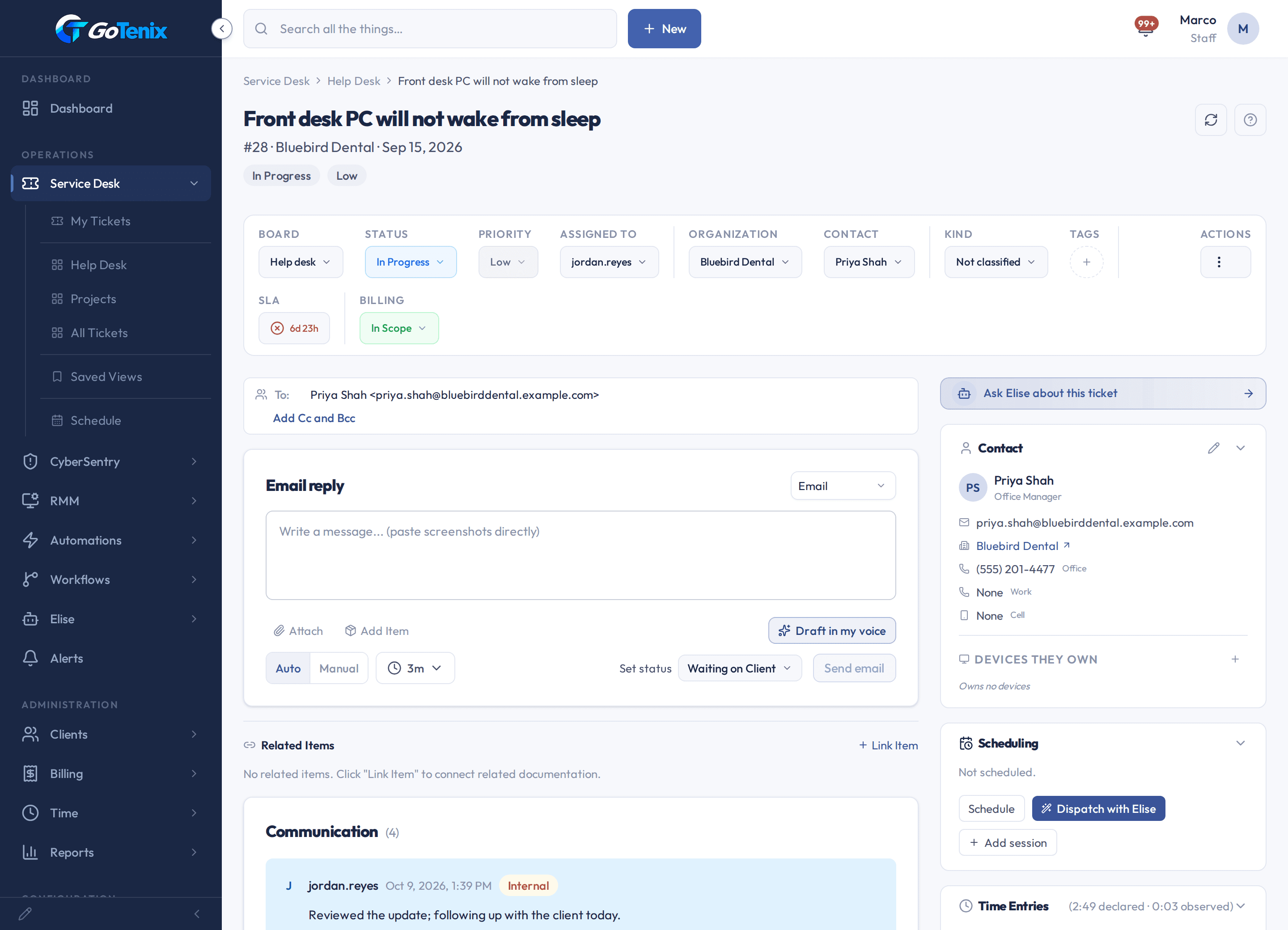 A ticket's Scheduling card reading Not scheduled, with Schedule, Dispatch with Elise and Add session buttons, beside a toolbar with Assigned To jordan.reyes.