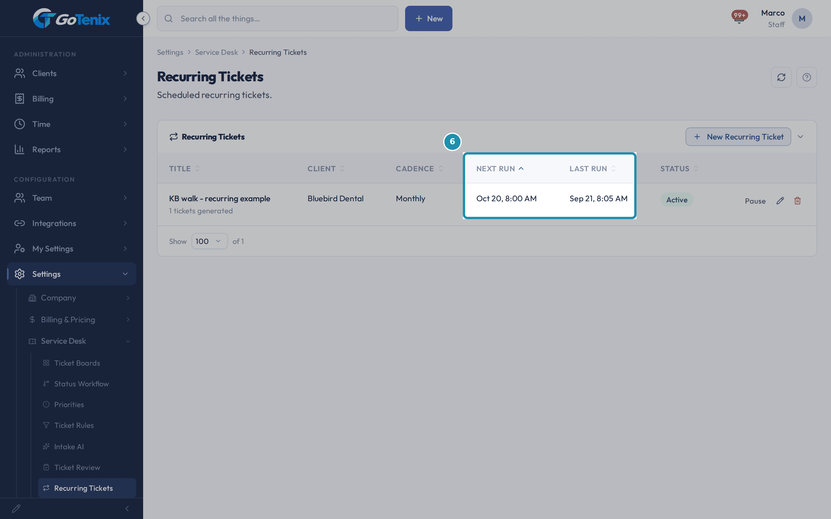 The Recurring Tickets list with the Next run and Last run columns boxed beside the title, client, cadence and status of a rule.