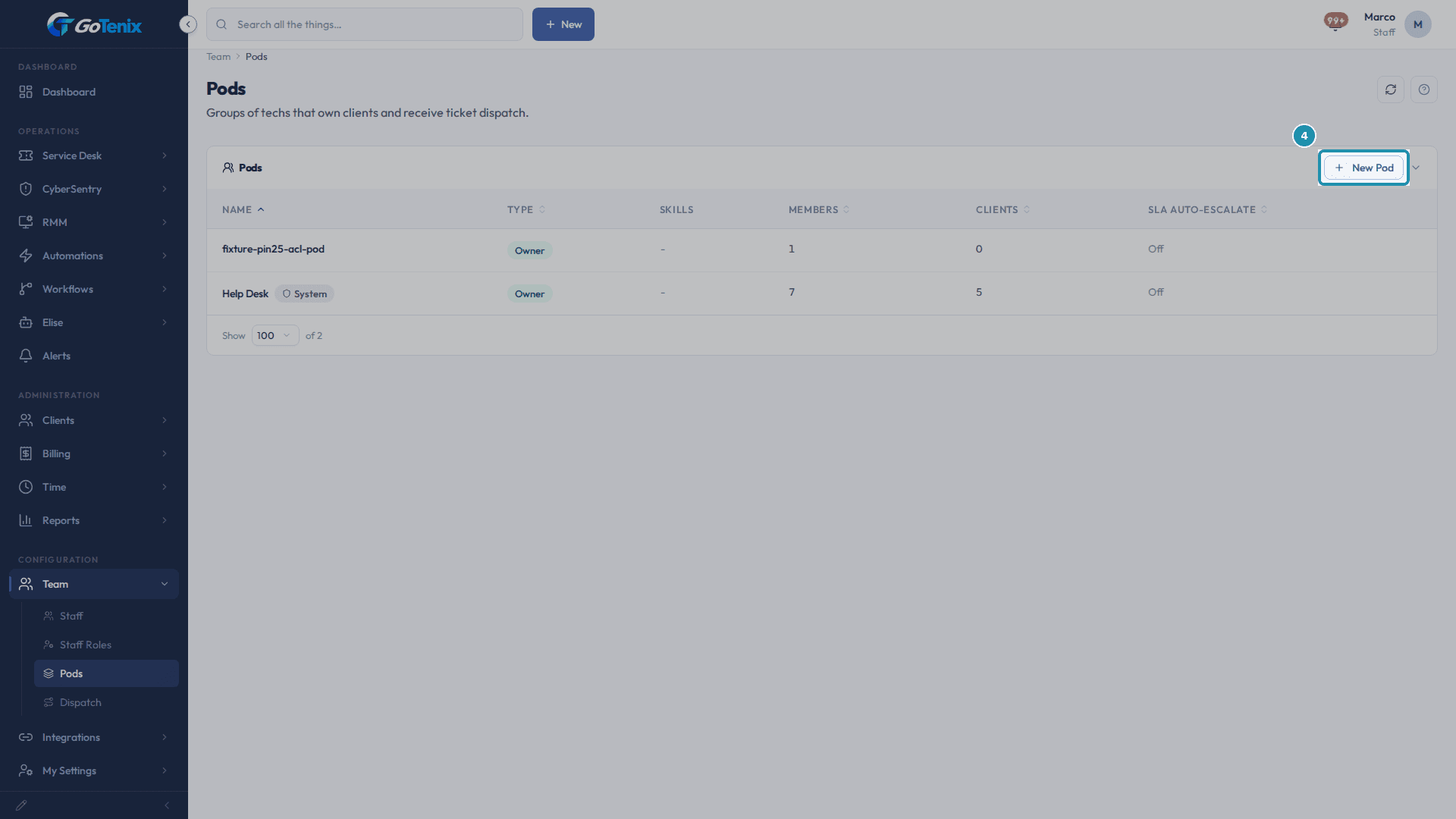 The Pods page with the New Pod button boxed above the pod list.