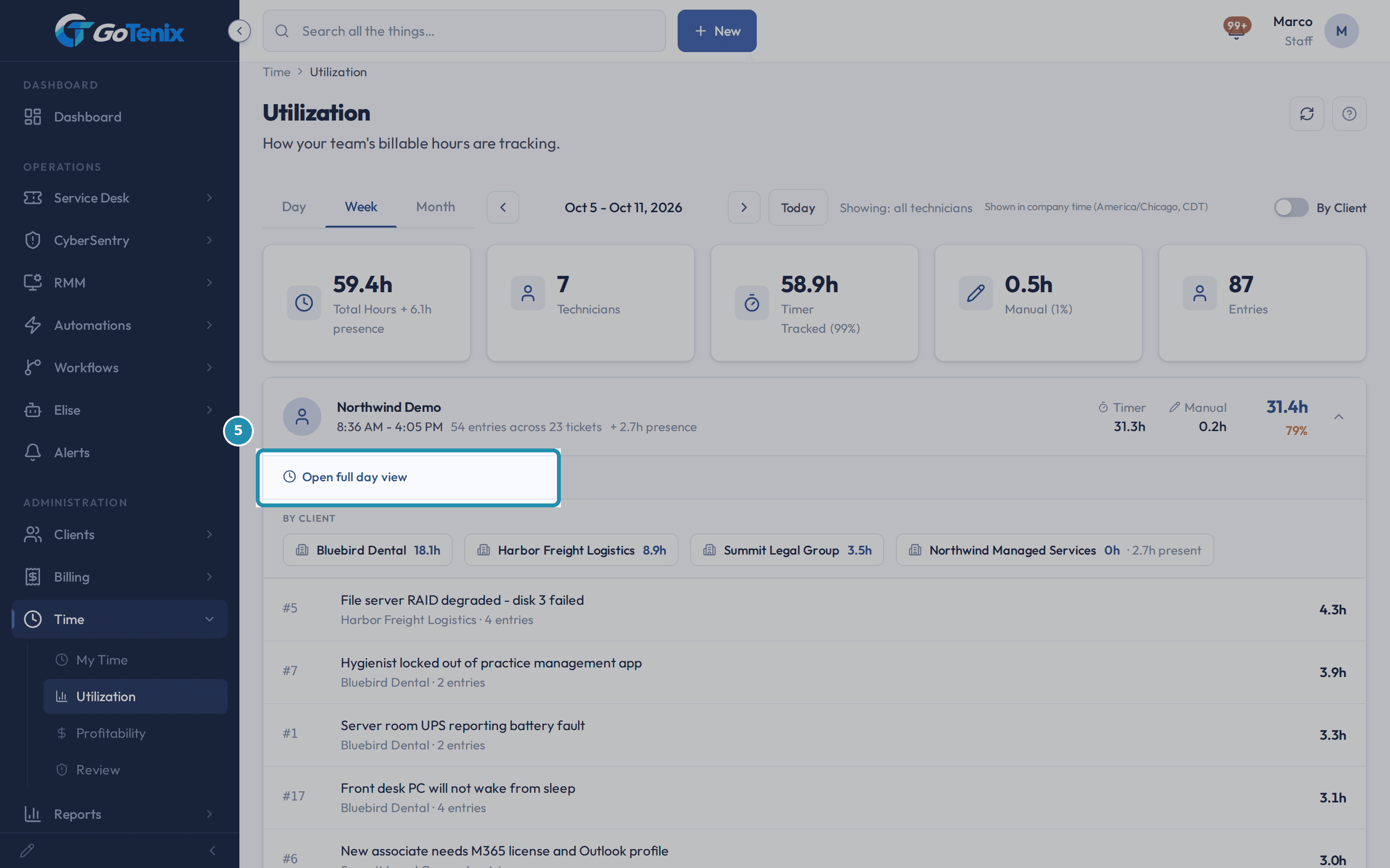 The Utilization page with the first technician line opened and its Open full day view link boxed; below it are the By Client chips and a list of tickets with their hours.
